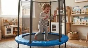 A toddler playing inside a secure mini trampoline equipped with a full safety net enclosure