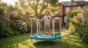 A young child enjoying a small garden trampoline outdoors on the lawn during a sunny afternoon in the UK