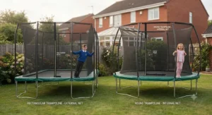 Side-by-side view of safety enclosure nets on rectangular and round trampolines for UK families
