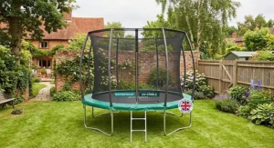 A robust 12ft trampoline with enclosure featuring weather-resistant materials for the UK climate.