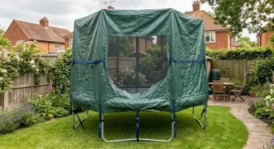 A 12ft trampoline protected by a durable waterproof cover for UK weather