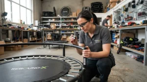 Checking frame build quality during a bellicon vs standard rebounder assessment.