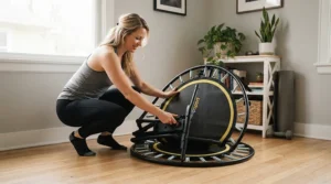 Demonstrating portability in a bellicon vs standard rebounder buyer evaluation.