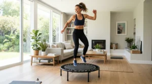 A person testing a bellicon vs standard rebounder in a modern lounge to compare quality.
