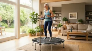 Low-impact fitness session on the best rebounder for elderly in a comfortable home setting