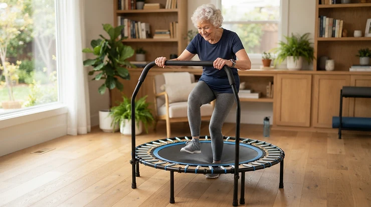 Safe handle support on the best rebounder for elderly during a daily home exercise routine