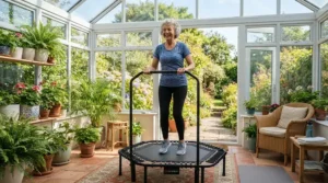 A senior smiling while exercising on a safe mini trampoline, known as the best rebounder for elderly, in a conservatory