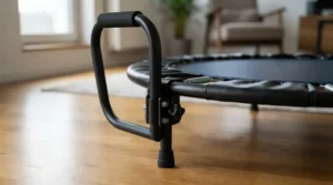 The best rebounder for elderly with a sturdy stability rail placed on a polished wooden floor