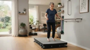 Joint-friendly exercise using the best rebounder for elderly featuring a secure support handle