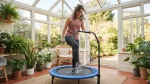 Starting a daily fitness habit with the best rebounder for weight loss in a sunlit conservatory