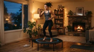 Winding down the day with an energetic session on the best rebounder for weight loss