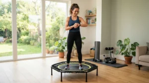 Interval training session on the best rebounder for weight loss with a digital timer nearby