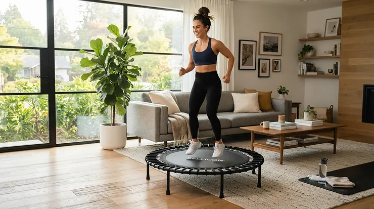 A person using the best rebounder for weight loss during a morning cardio session in a modern London flat