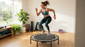 A vigorous workout session using a JumpSport fitness trampoline to illustrate the JumpSport vs Bellicon rebounder debate.