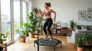 JumpSport vs Bellicon rebounder comparison showing a fitness trampoline set up in a modern British living room for daily exercise.