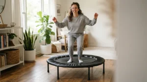Enjoying a low-impact exercise session on a rebounder for lymphatic drainage at home.
