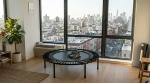 Enjoying morning exercise with a mini trampoline for weight loss overlooking a British Victorian terrace street