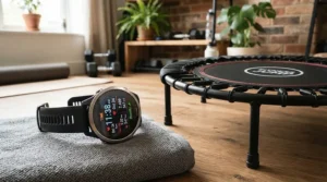 Fitness tracker showing high calorie burn while using a mini trampoline for weight loss at home