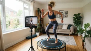 Following a guided home workout routine using a mini trampoline for weight loss in a tidy flat