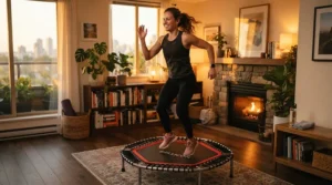 An evening fat-burning session on a mini trampoline for weight loss after work in a cosy flat