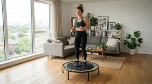 A person using a mini trampoline for weight loss during a morning living room workout in a London flat