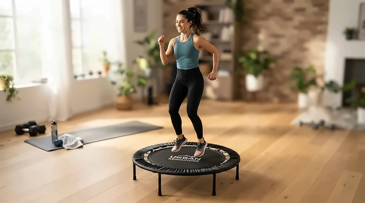 Doing low-impact aerobics on a sturdy mini trampoline for weight loss in a suburban house