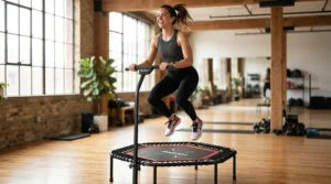 Fitness enthusiast using a mini trampoline with handrail during a high-energy indoor workout class