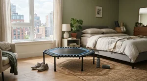 A compact noise-free silent bungee rebounder tucked neatly into the corner of a modern flat.