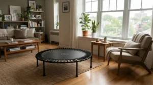 A compact rebounder for lymphatic drainage suitable for a modern city flat.