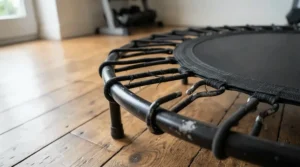Close-up of flexible cords on a silent bungee rebounder designed for quiet apartment workouts.