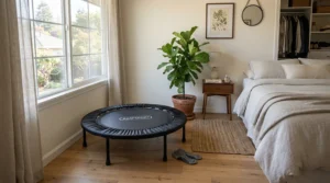 A neat home gym corner showcasing a rebounder for beginner workouts ready for daily use.