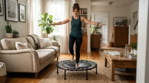 Using a rebounder for beginner workouts in a compact urban apartment with limited floor space.