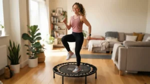 Low-impact home cardio demonstrated on a rebounder for beginner workouts for daily fitness.