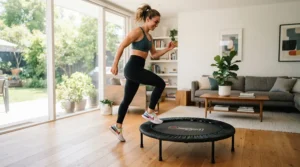 A beginner starting a light bounce routine on a rebounder for beginner workouts in a bright London flat living room.