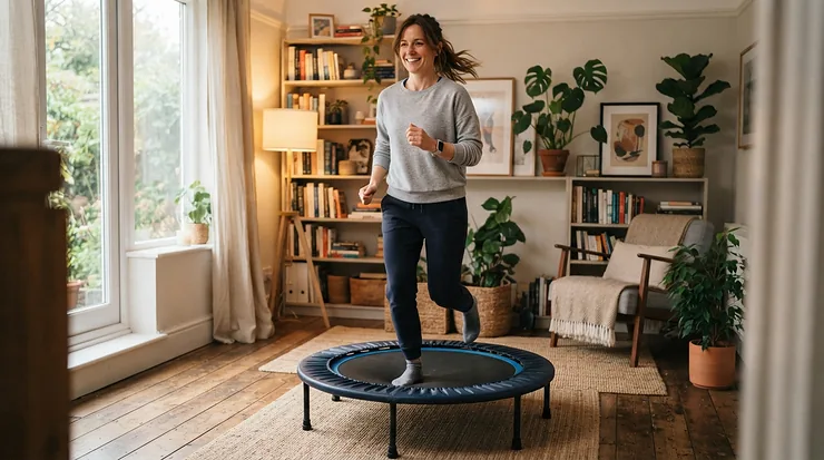 Unwinding in the evening with a relaxing session on a rebounder for beginner workouts.