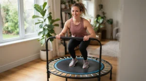 A novice holding onto a safety rail while using a rebounder for beginner workouts.