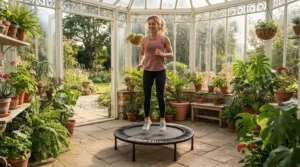 Incorporating daily movement with a rebounder for lymphatic drainage in the conservatory.