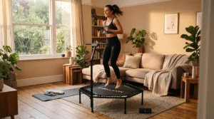 A peaceful health routine utilizing a rebounder for lymphatic drainage in the evening.