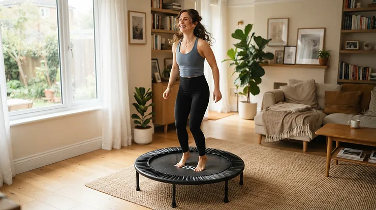 A person using a rebounder for lymphatic drainage in a bright, modern British living room.
