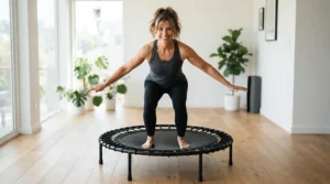 An active older person practising posture control on a rebounder for over 50s stability session.