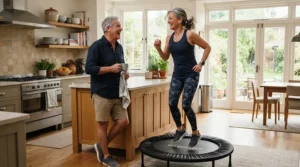 A mature couple taking turns with a rebounder for over 50s daily wellness workout at home.