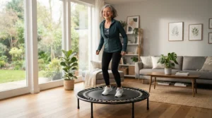 An active mature woman using a rebounder for over 50s fitness routine in a bright British living room.