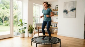 A mature adult enjoying a low-impact cardio session on a rebounder for over 50s health benefits.