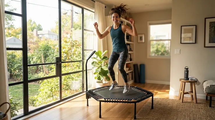 A mature woman starting her morning with a rebounder for over 50s routine near a window.