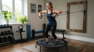 A woman demonstrating upper body stretches on a rebounder for over 50s equipped with resistance cords.