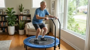 A man using a rebounder for over 50s balance training with a handlebar for support at home.