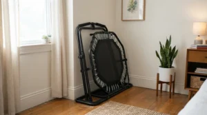 A compact rebounder with handle bar neatly stored away in the corner of a tidy bedroom