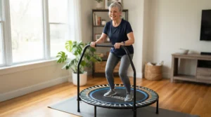 Low-impact rehabilitation session using a rebounder with handle bar for joint-friendly movement
