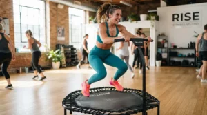 Interval training cardio workout on a sturdy rebounder with handle bar in a home gym setup