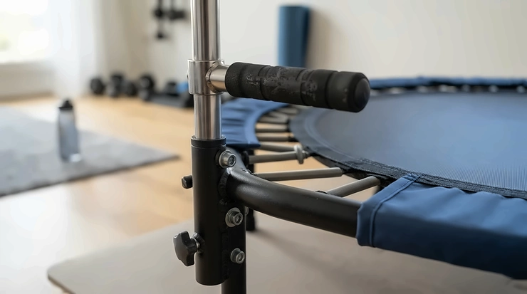 Detailed view of the frame construction and padded grip on a rebounder with handle bar